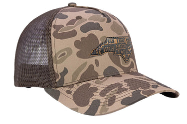 North Carolina Map Old School Camo Trucker Hat. Burnished Full Grain Leather Patch. 5-Panel Richardson 112 Snapback Cap. Stitched Map Patch.