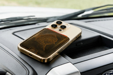 Dolphin Mahi Magnetic Phone Card Holder – Brown Burnished Leather or Old School Camo