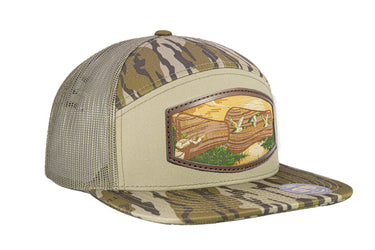 Duck Call Hunting Woven Patch Old School Camo Hat. 7-Panel Richardson 168 Trucker Snapback Cap