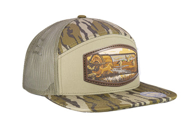 Hunting Dog Shotshell Woven Patch Old School Camo Hat. 7-Panel Richardson 168 Trucker Snapback Cap