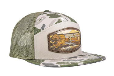 Hunting Dog Shotshell Woven Patch Old School Camo Hat. 7-Panel Richardson 168 Trucker Snapback Cap