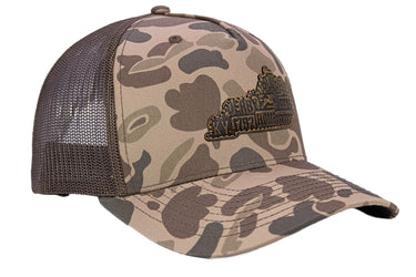 Virginia Map Old School Camo Trucker Hat. Burnished Full Grain Leather Patch. 5-Panel Richardson 112 Snapback Cap. Stitched Map Patch.
