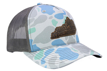 Kentucky Map Old School Camo Trucker Hat. Burnished Full Grain Leather Patch. 5-Panel Richardson 112 Snapback Cap. Stitched Map Patch.