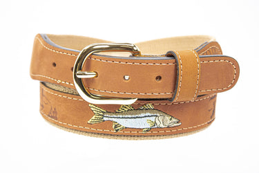 Snook Embroidered Nubuck Leather Belt. Tan Full Grain Leather Tabs, Solid Brass Buckle and Cotton Webbing.