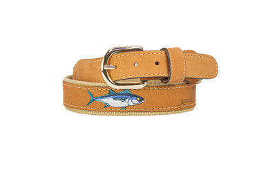 Bluefin Tuna Embroidered Nubuck Leather Belt. Tan Full Grain Leather Tabs, Solid Brass Buckle and Cotton Webbing.