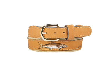 Cobia Embroidered Nubuck Leather Belt. Tan Full Grain Leather Tabs, Solid Brass Buckle and Cotton Webbing.