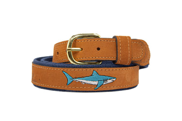 Mako Shark Embroidered Nubuck Leather Belt. Tan Full Grain Leather Tabs, Solid Brass Buckle and Cotton Webbing.