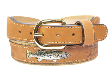 Speckled Trout Embroidered Nubuck Leather Belt. Tan Full Grain Leather Tabs, Solid Brass Buckle and Cotton Webbing.