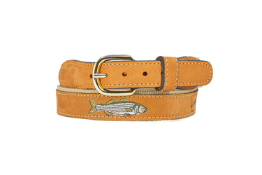 Striped Bass Embroidered Nubuck Leather Belt. Tan Full Grain Leather Tabs, Solid Brass Buckle and Cotton Webbing.