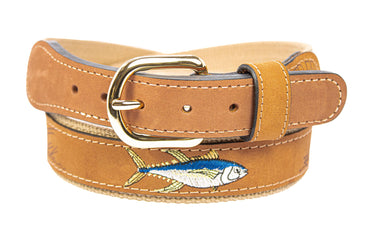 Yellow Tuna Embroidered Nubuck Leather Belt. Tan Full Grain Leather Tabs, Solid Brass Buckle and Cotton Webbing.