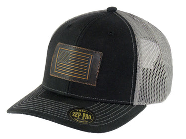 American Flag Hand Burnished Full Grain Leather Patch Richardson 112 Snapback Trucker Hat