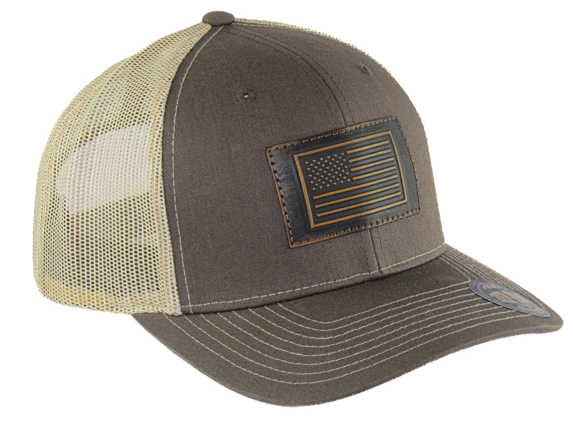 American Flag Hand Burnished Full Grain Leather Patch Richardson 112 Snapback Trucker Hat