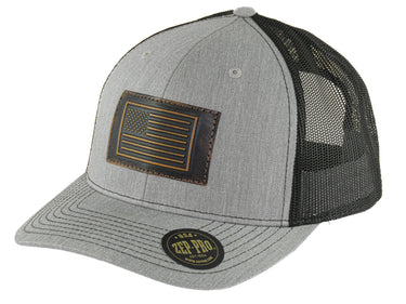 American Flag Hand Burnished Full Grain Leather Patch Richardson 112 Snapback Trucker Hat