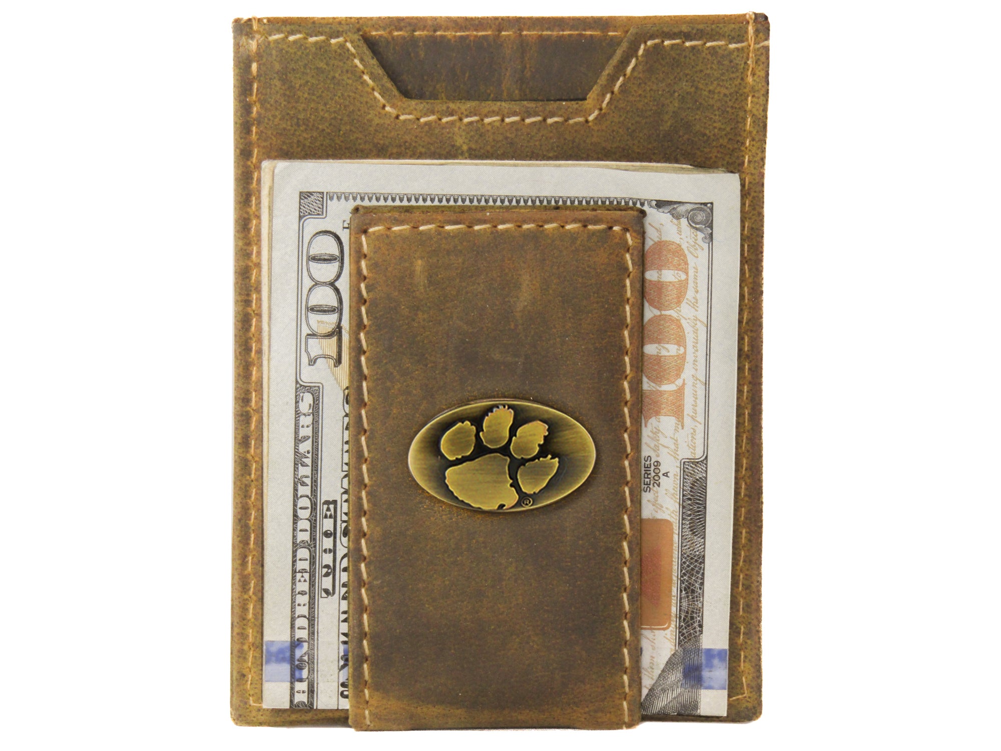 Clemson Tigers Vintage Tan Leather Magnetic Front Pocket Wallet