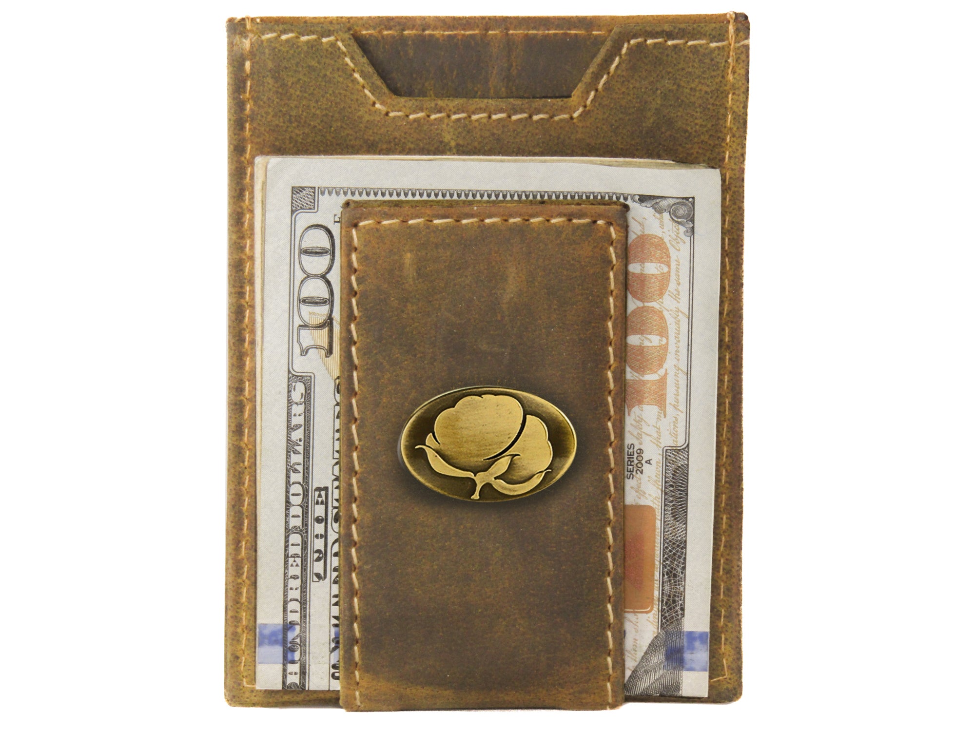 Cotton Boll Vintage Tan Leather Magnetic Front Pocket Wallet