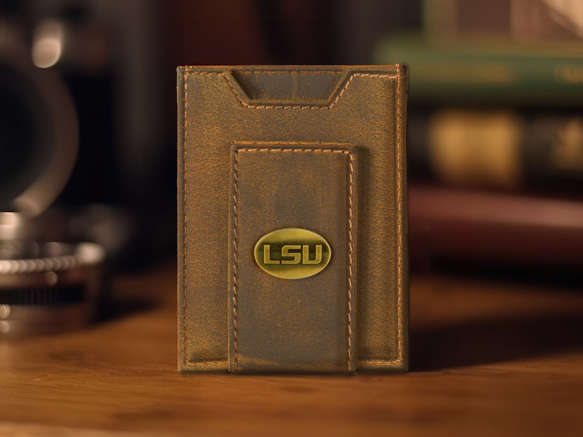 LSU Tigers Vintage Tan Leather Magnetic Front Pocket Wallet