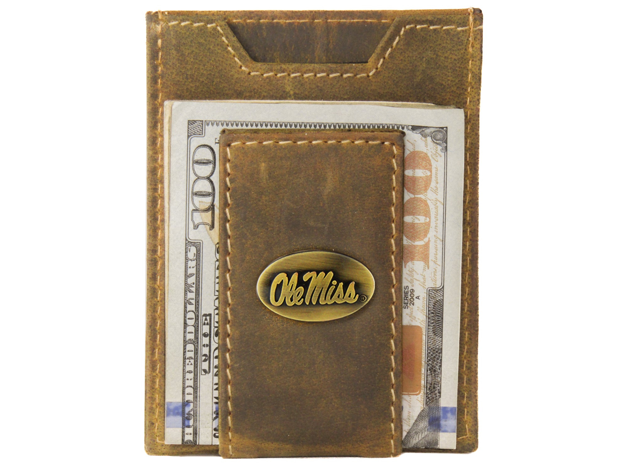 Ole Miss Rebels Vintage Tan Leather Magnetic Front Pocket Wallet