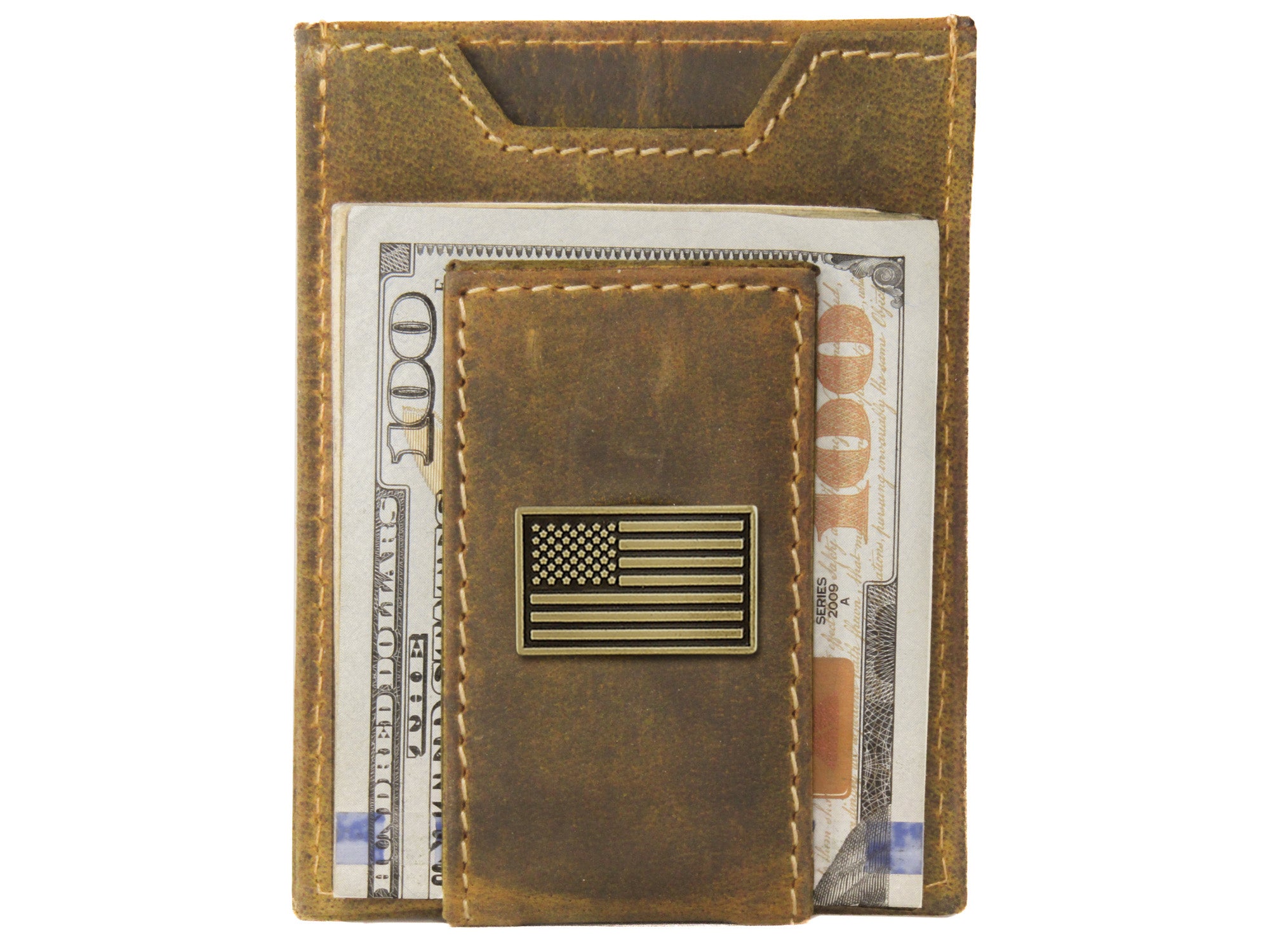 American Flag Vintage Tan Leather Magnetic Front Pocket Wallet