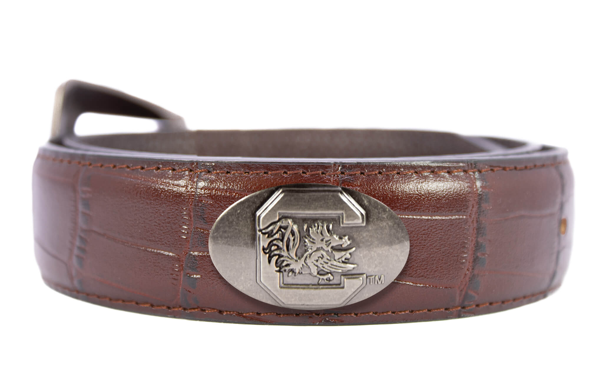 USC Gamecocks Men's Collegiate Leather Belt. Carolina Gift. USC Merch . Brown Croc Pattern Full Grain Finish With Metal Emblem Conchos.
