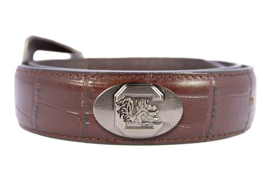 USC Gamecocks Men's Collegiate Leather Belt. Carolina Gift. USC Merch . Brown Croc Pattern Full Grain Finish With Metal Emblem Conchos.