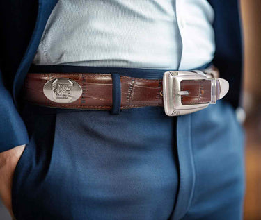 USC Gamecocks Men's Collegiate Leather Belt. Carolina Gift. USC Merch . Brown Croc Pattern Full Grain Finish With Metal Emblem Conchos.