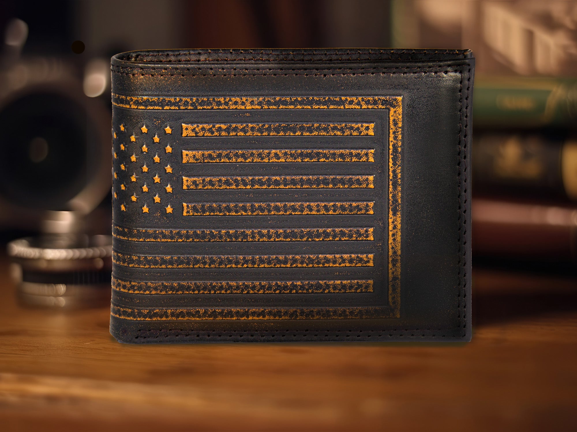 American Flag Burnished Leather Bifold Wallet