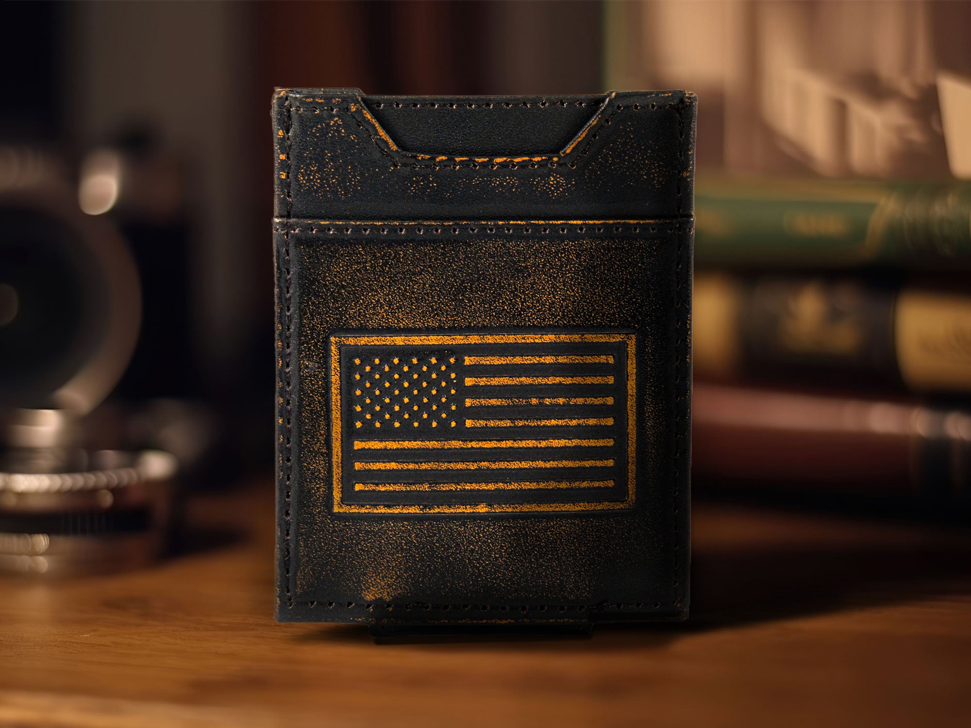 American Flag Burnished Leather Magnetic Front Pocket Wallet