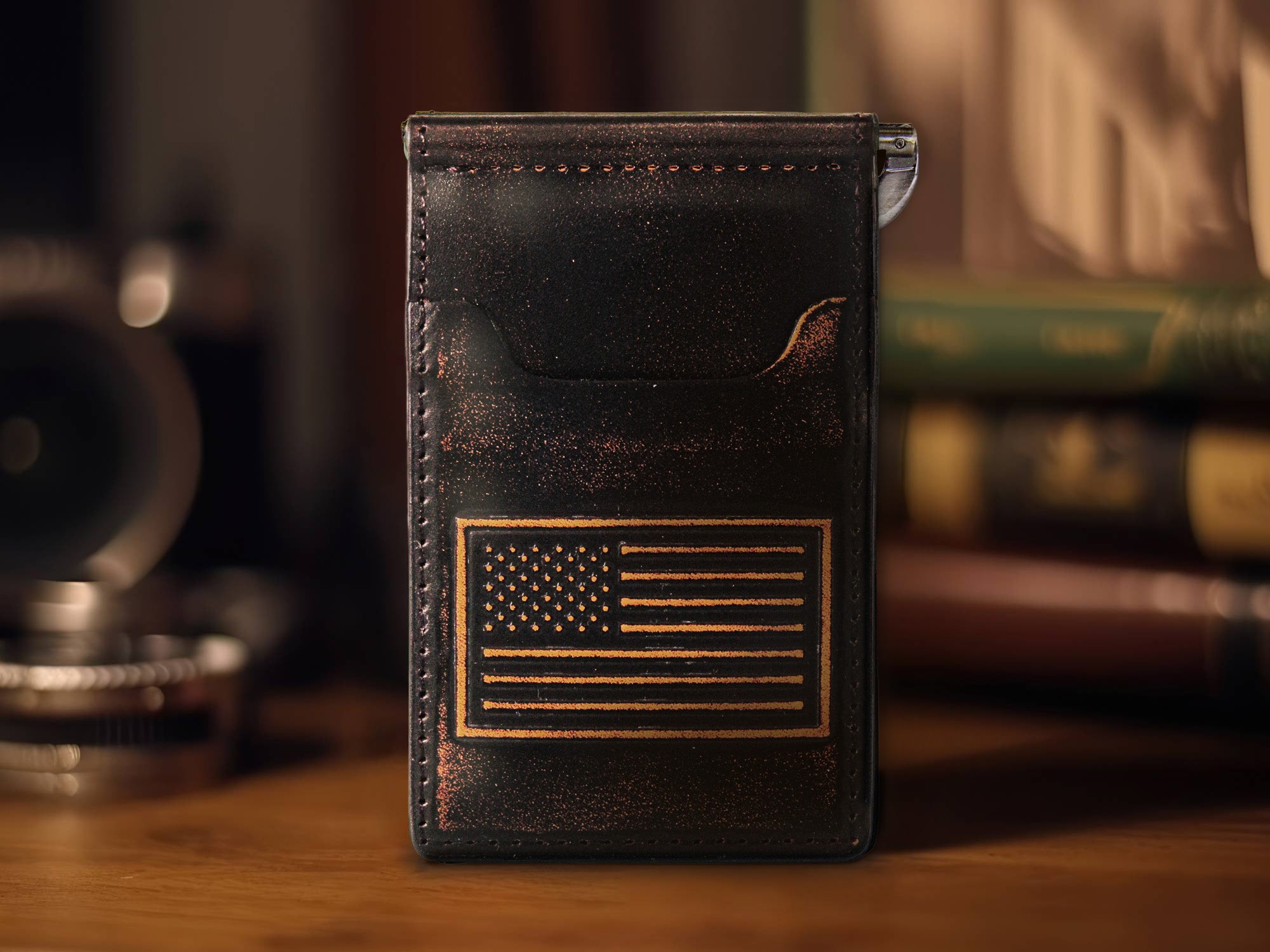 American Flag Burnished Leather Front Pocket Clip Wallet