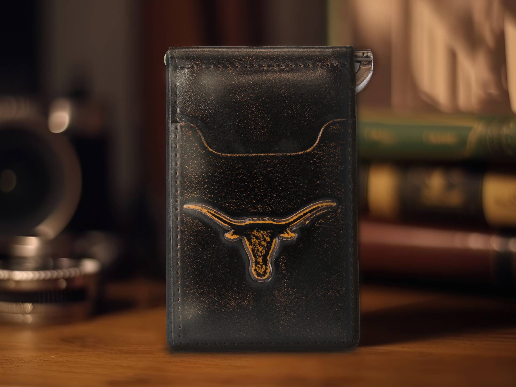 Texas Longhorns Burnished Leather Front Pocket Clip Wallet