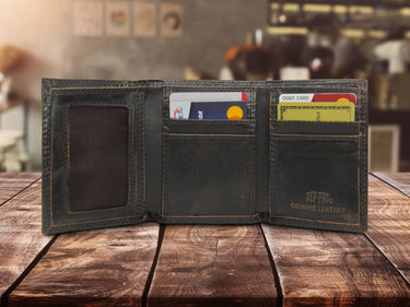Oklahoma Sooners Men's Collegiate Trifold Leather Wallet. Brown Burnished Full Grain Finish With Large Debossed Logo