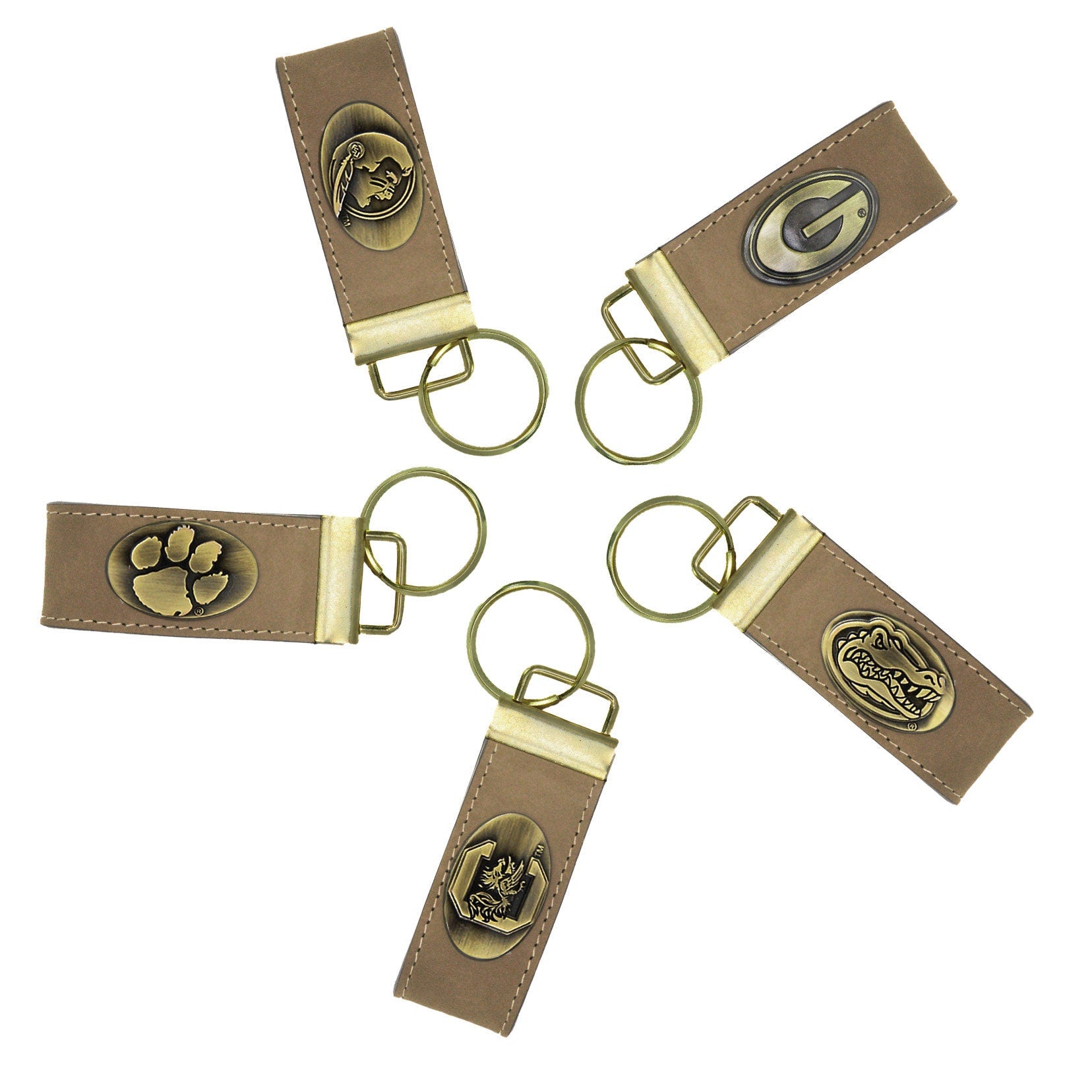 Collegiate Leather Key Fobs Antique Brass Logo Georgia Bulldogs Florida Gators FSU Seminoles Clemson Tigers USC Gamecocks