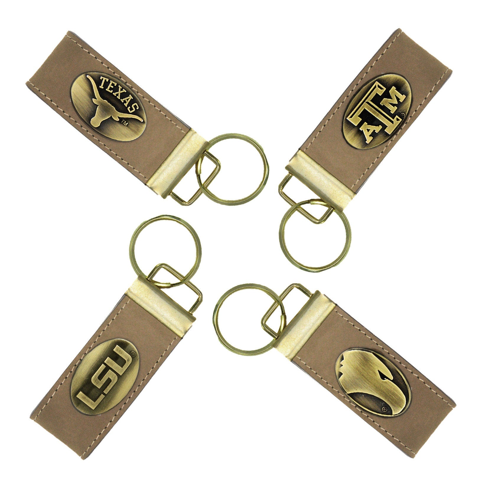 Collegiate Leather Key Fobs Antique Brass Logo Texas Longhorns LSU Tigers Texas A&M Aggies GA Southern Eagles