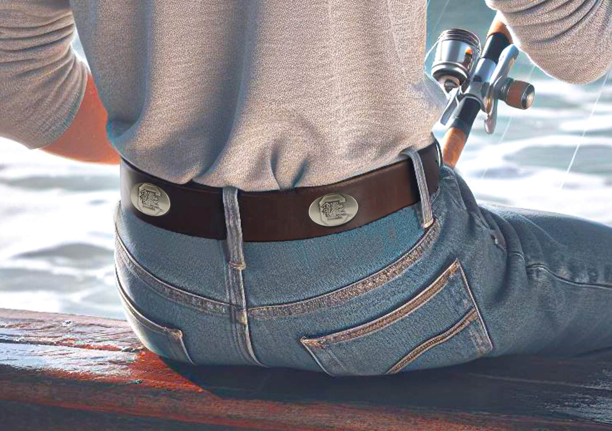 USC Gamecocks Crimson Tide Brown Leather Metal Concho Belt Fishing