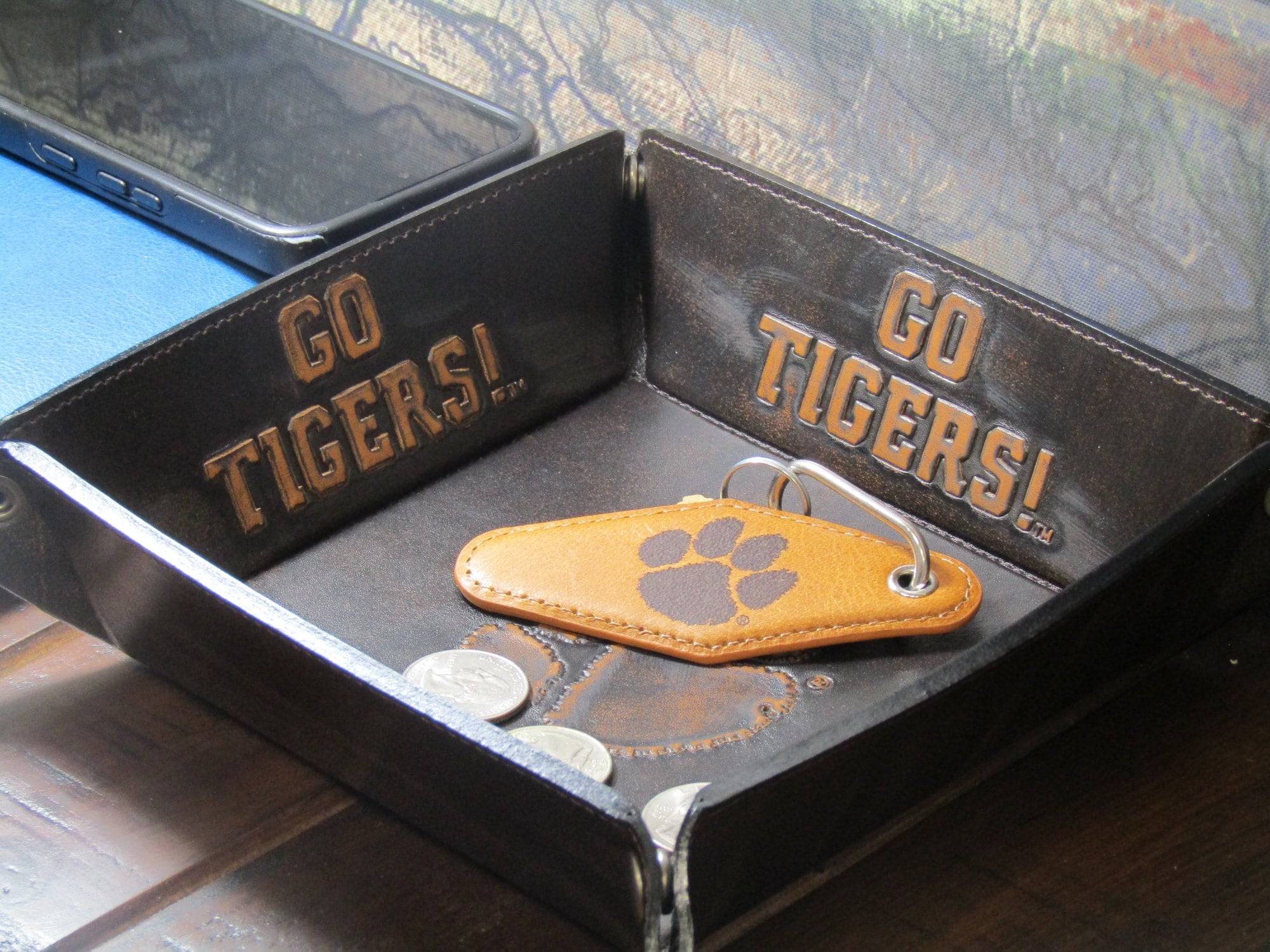 Clemson Tigers Vintage Tan Leather Key Fob Desktop