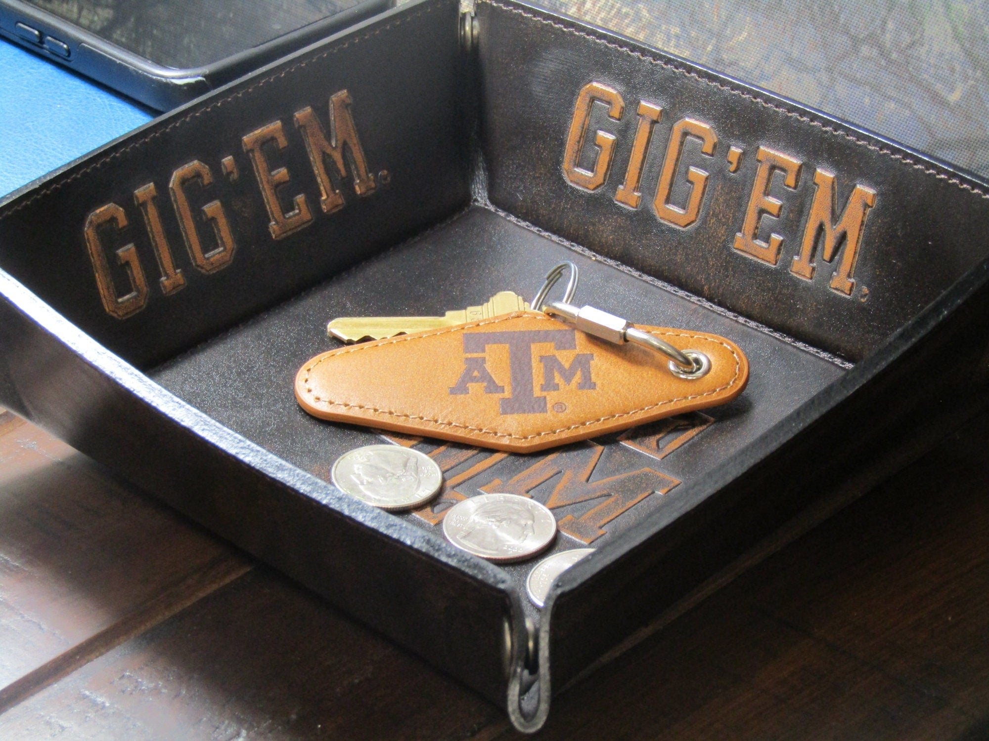 Texas A&M Aggies Vintage Tan Leather Key Fob Desktop