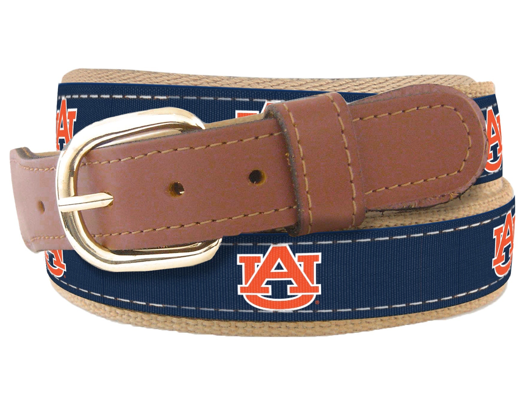 Auburn Tigers Men's Collegiate Woven Ribbon Belt. Tan Full Grain Leather Tabs, Solid Brass Buckle and Cotton Webbing.