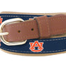 Auburn Tigers Men's Collegiate Woven Ribbon Belt. Tan Full Grain Leather Tabs, Solid Brass Buckle and Cotton Webbing.