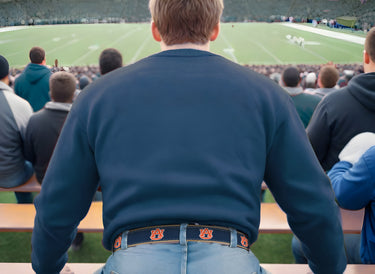 Auburn Tigers Men's Collegiate Woven Ribbon Belt. Tan Full Grain Leather Tabs, Solid Brass Buckle and Cotton Webbing.