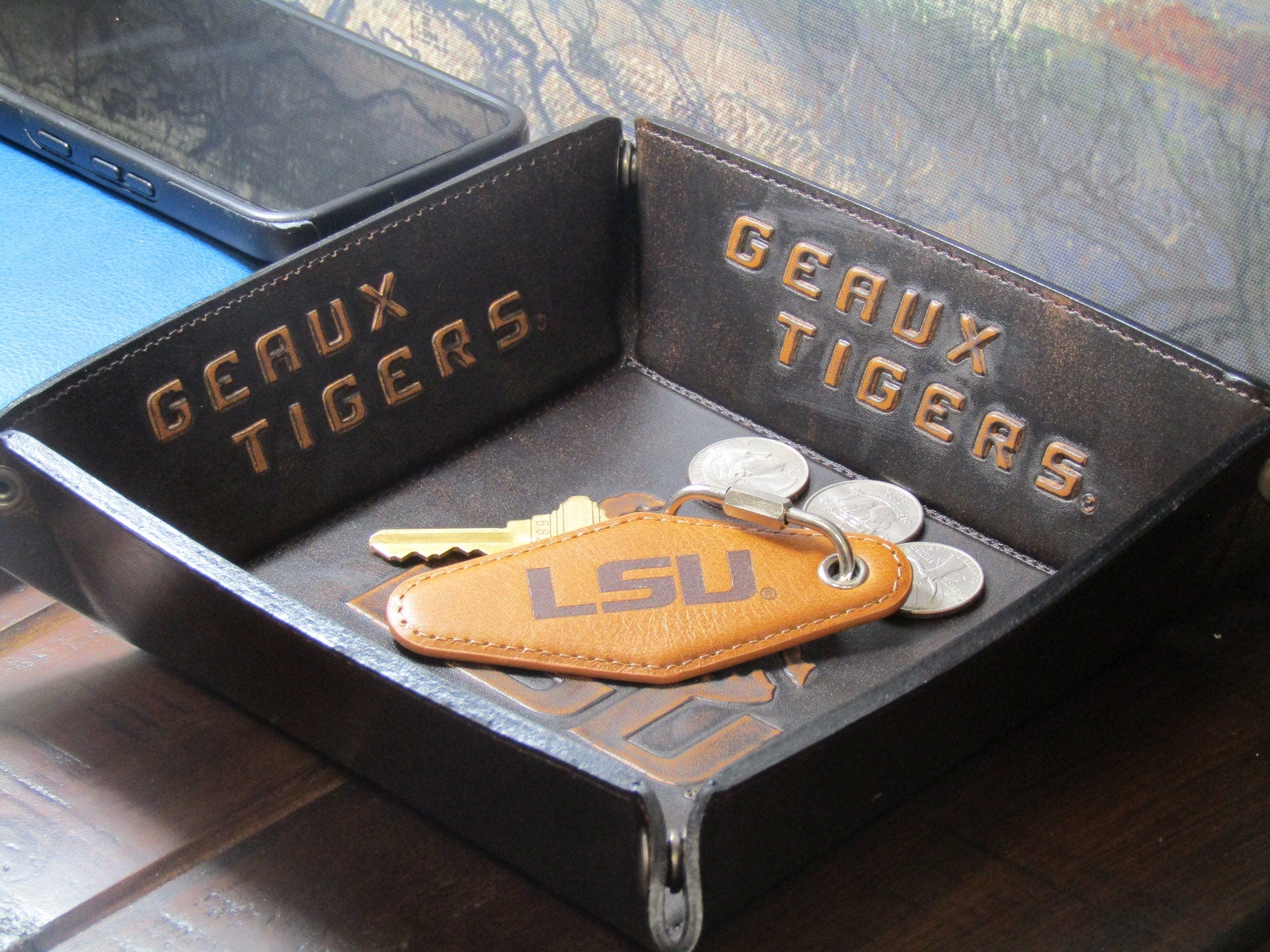 LSU Tigers Vintage Tan Leather Key Fob Desktop