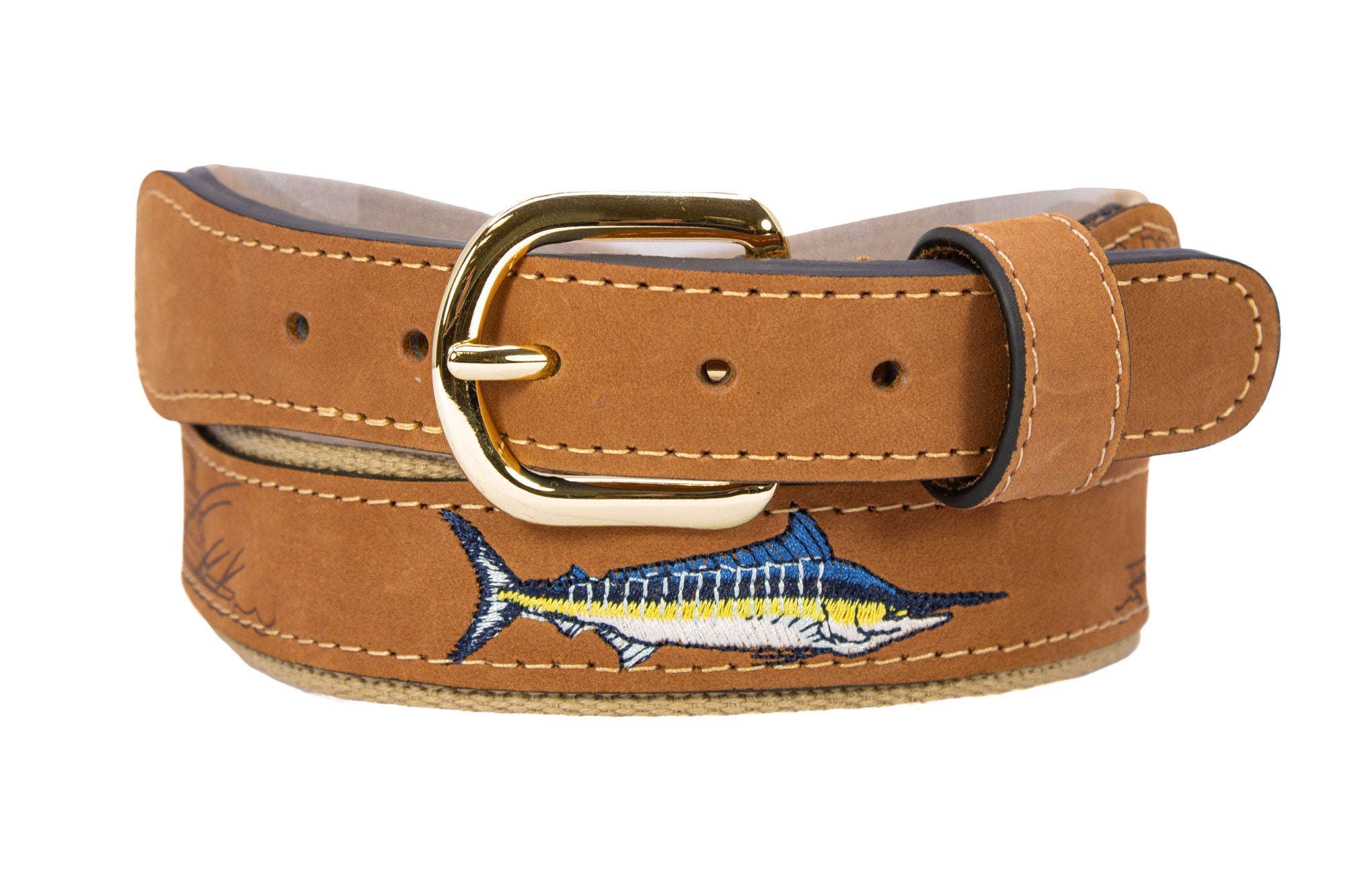 Embroidered Marlin Leather Belt Buff Front