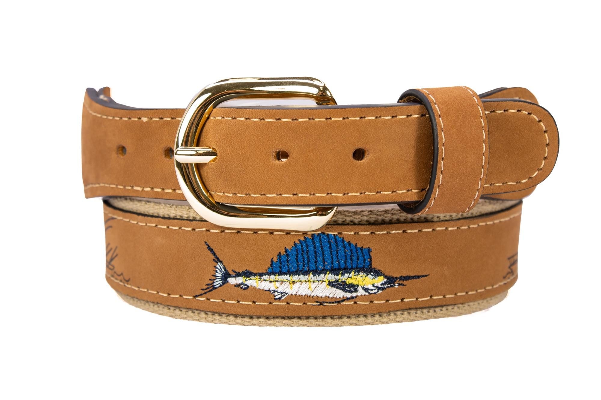 Embroidered Sailfish Leather Belt Buff Front