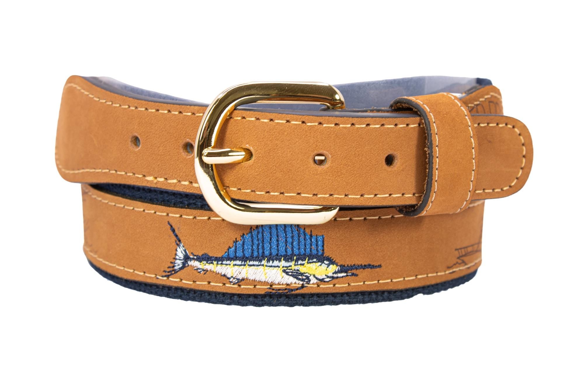 Embroidered Sailfish Leather Belt Navy Front