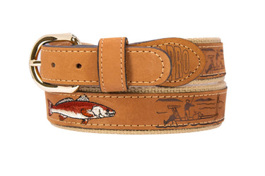 Embroidered Redfish Leather Belt Buff Side