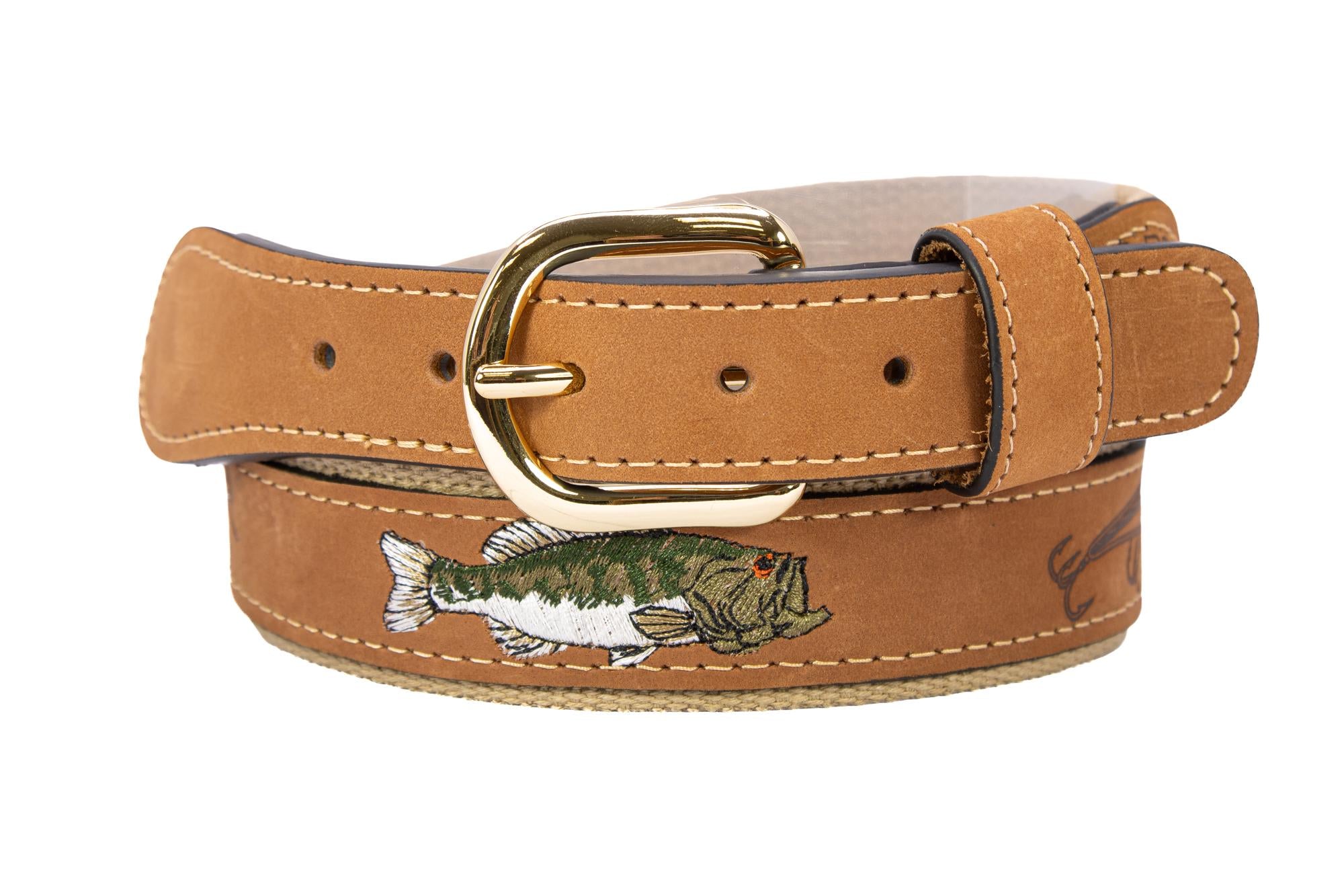 Embroidered Bass Leather Belt Buff Front