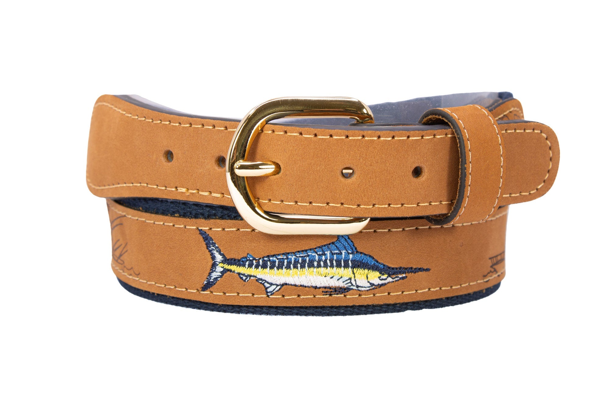 Embroidered Marlin Leather Belt Navy Front