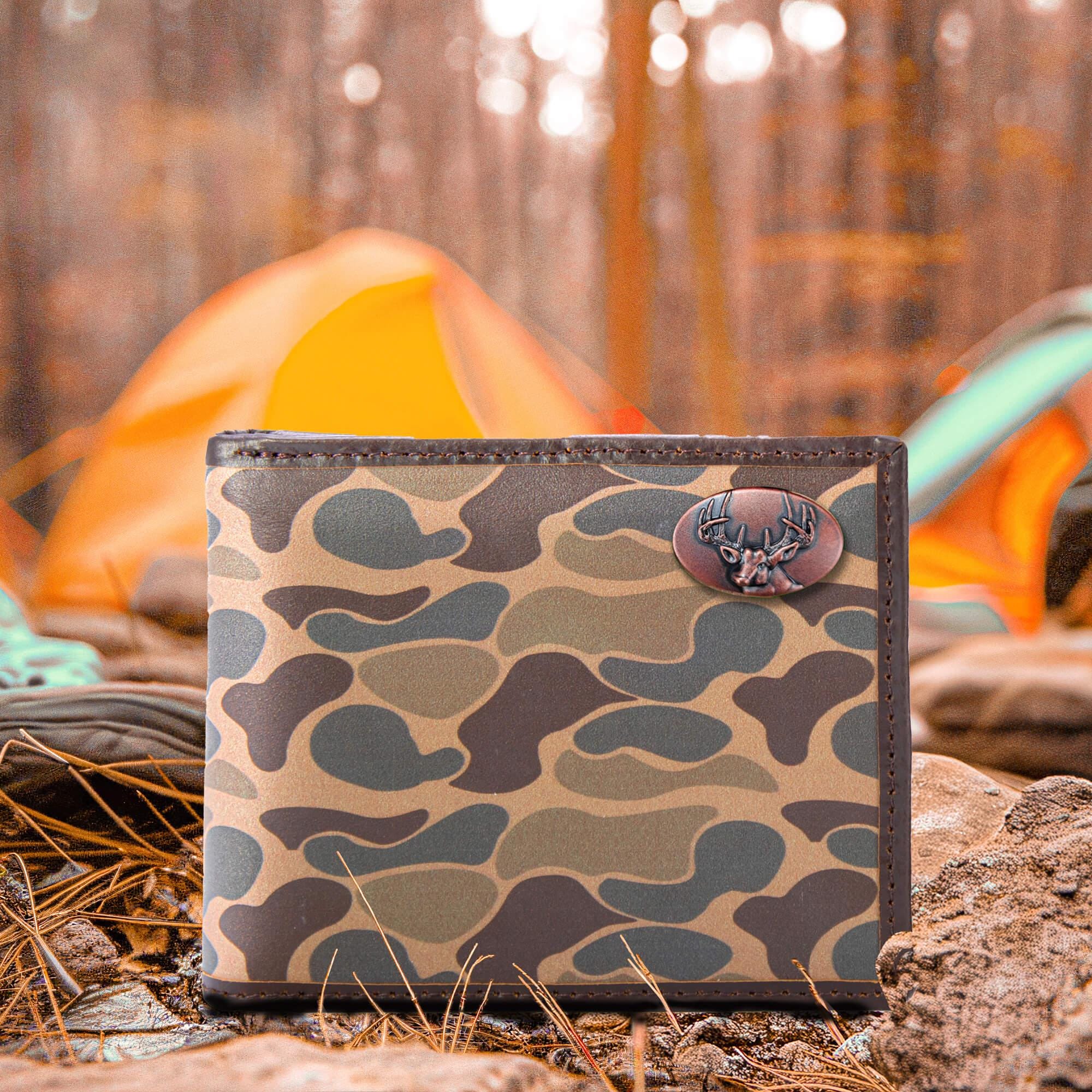 Buck Old School Camo bifold wallet brown tan camp