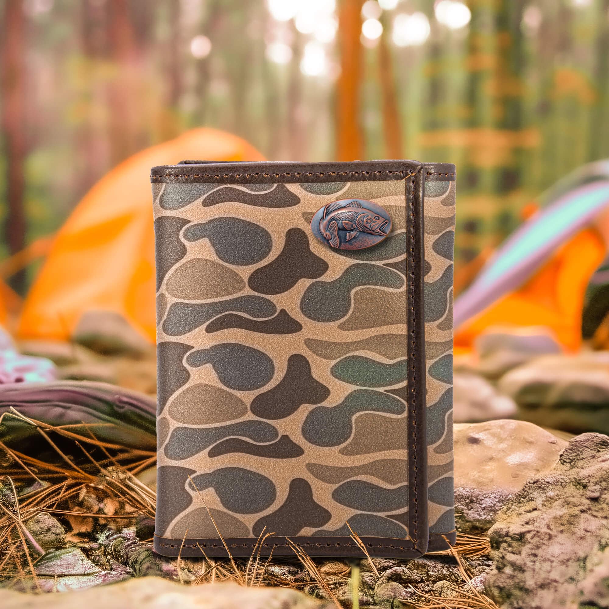 Bass Old School Camo trifold wallet brown tan camp