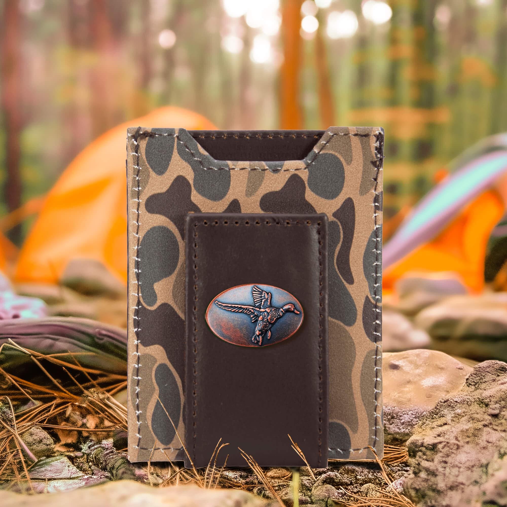 Mallard Old School Camo front pocket magnetic wallet brown tan camp