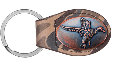 Old School Camo Leather Key Fob. Brown Tan with Antique Copper Mallard