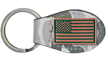 Old School Camo Leather Key Fob. Green Gray with Antique Copper USA Flag